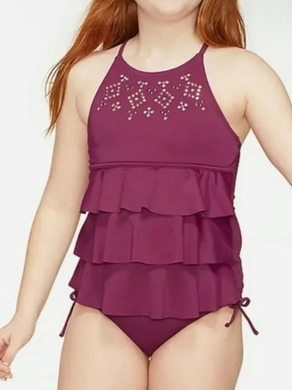 NWT JUSTICE Girl's Swimsuit Tankini Bikini Ruffle Swimsuit, Maroon with Gems, 8